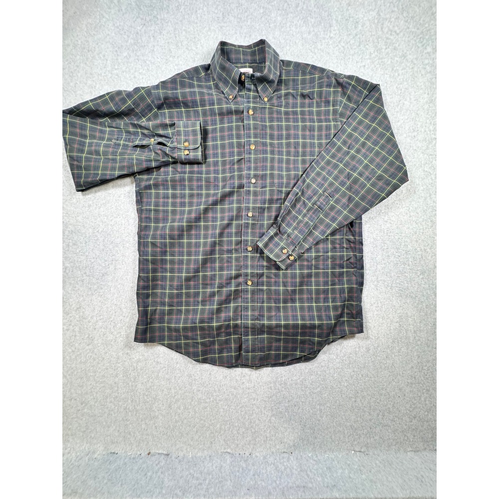 Brooks Brothers Mens M Non-Iron Cotton Plaid Button Down Shirt Green Navy Tartan